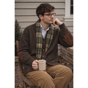 Eddie Bauer Men XL Brown Wool Cardigan Sweater Elbow Patches Made in USA Vintage